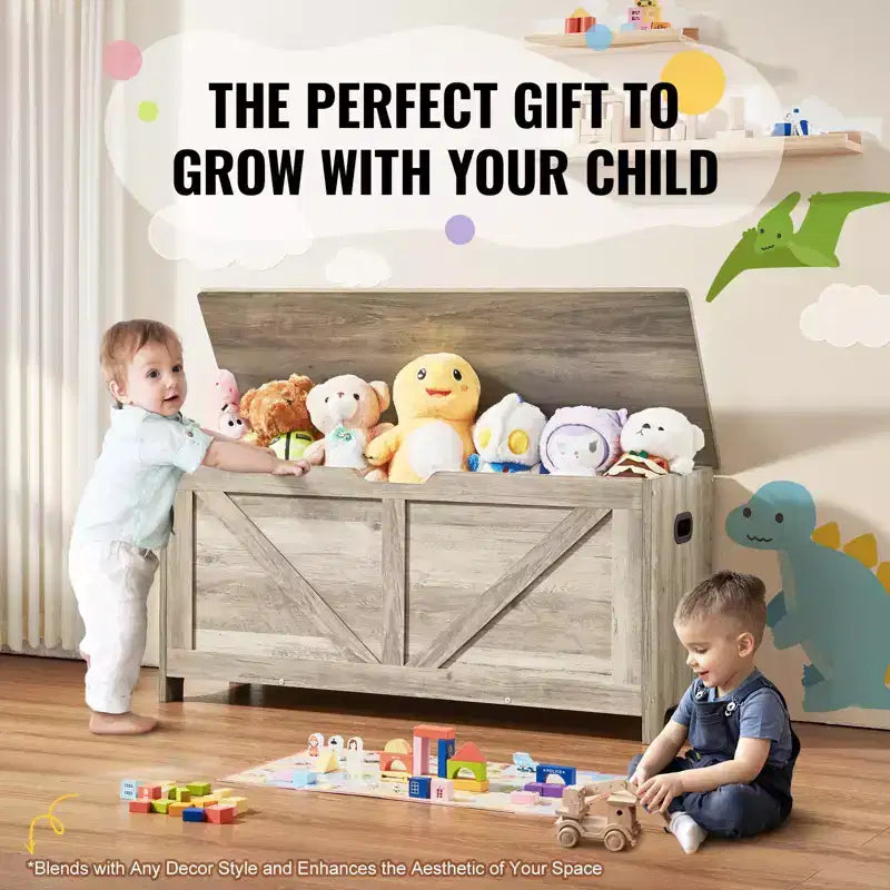 Coffre de Rangement Jouets pour Enfants, Banc en Bois, 99 x 39,5 x 48 cm, Gris, Robuste