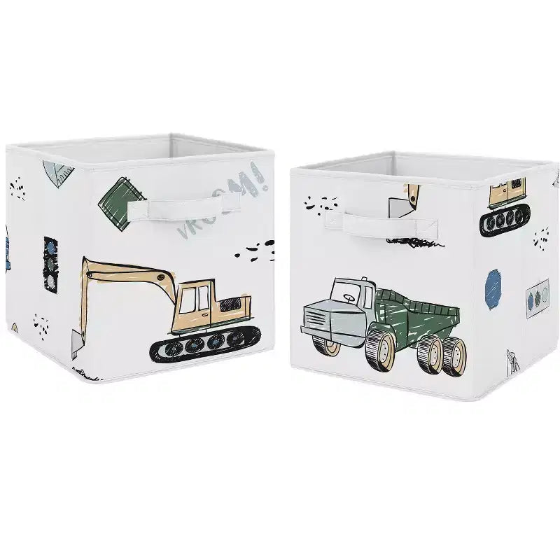 Sweet Jojo Designs Boy Set of 2 Kids' Decorative Fabric Storage Bins Construction Truck Green Blue and Grey