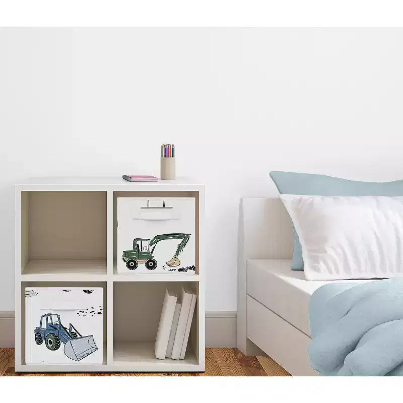 Bacs de rangement décoratifs en tissu pour garçons Camion de chantier Vert Bleu et Gris