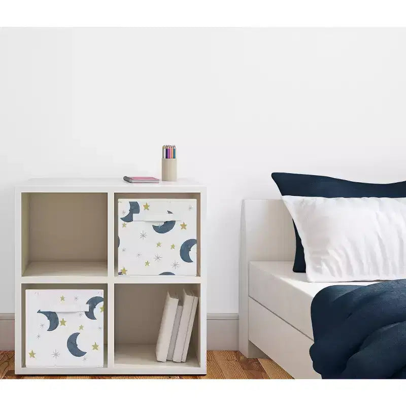 Bacs de rangement décoratifs en tissu pour enfants (garçon ou fille, unisexe) motifs ourson et lune, bleu, doré et gris