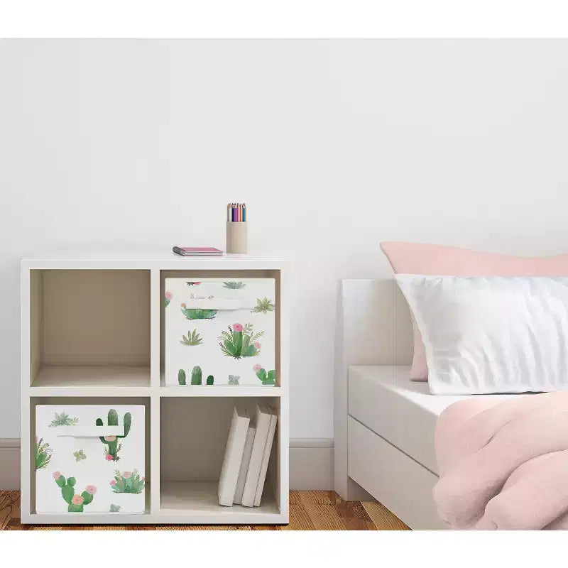 Bac de rangement décoratif en tissu pour filles, motif cactus floral rose et vert