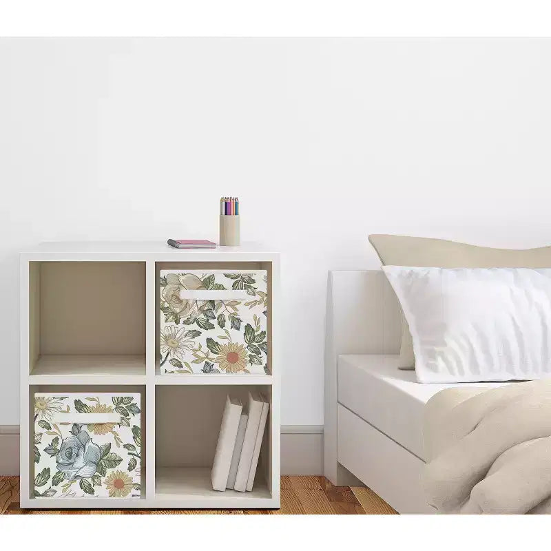 Bacs de rangement décoratifs en tissu pour enfant Motif floral vintage bleu, jaune et doré