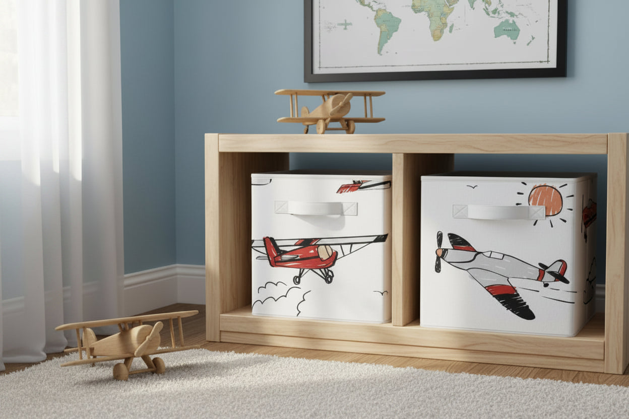 Sweet Jojo Designs Boy Set of 2 Kids' Decorative Fabric Storage Bins Airplane Red Blue and Grey