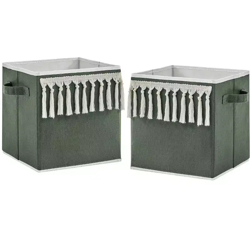Sweet Jojo Designs Boy or Girl Gender Neutral Unisex Set of 2 Kids Decorative Fabric Storage Bins Boho Fringe Green and Ivory