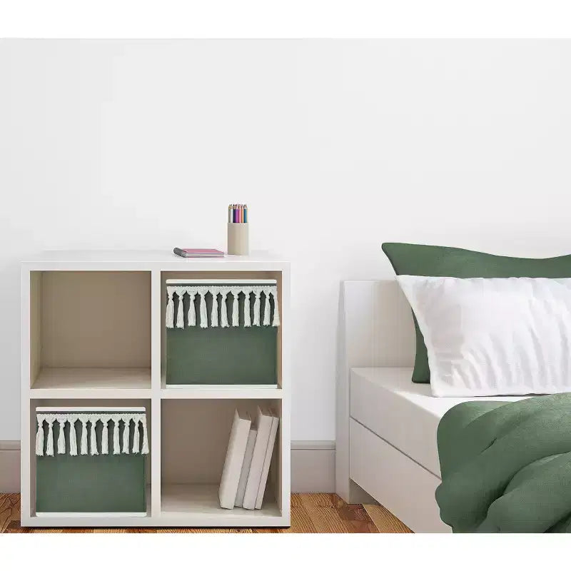 Bacs de rangement décoratifs en tissu pour enfants, neutres, unisexe, motif bohème, franges vertes et ivoire
