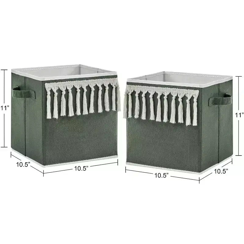 Bacs de rangement décoratifs en tissu pour enfants, neutres, unisexe, motif bohème, franges vertes et ivoire