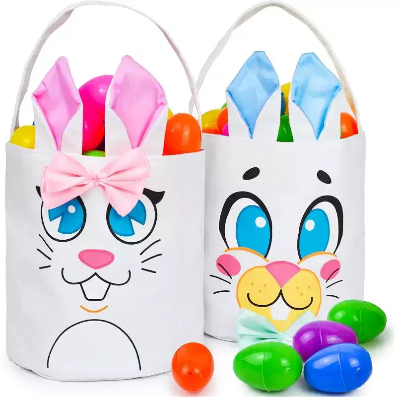 JOYIN 2 Pcs Easter Bunny Basket Canvas Bags Set for Easter Eggs Hunt,Gift Baskets Egg Bags for Kids, Kids Party Favor
