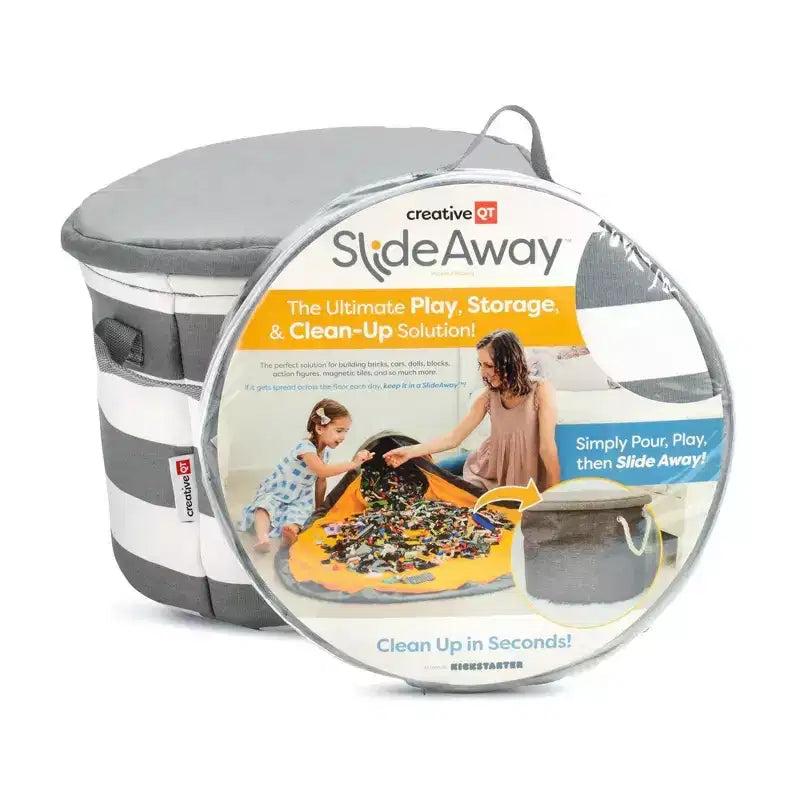 Organisateur et Tapis de Jeu SlideAway pour Enfants - Bac de Rangement pour Jouets - Coffre à Jouets pour Enfants - Rayures Grises