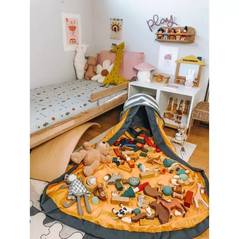 Organisateur et Tapis de Jeu SlideAway pour Enfants - Bac de Rangement pour Jouets - Coffre à Jouets pour Enfants - Rayures Grises